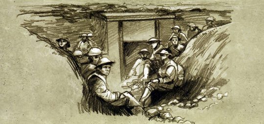 Illustration à l'intérieur de la pochette de l'émission commune Bataille de la crête de Vimy, crayons noir et blanc