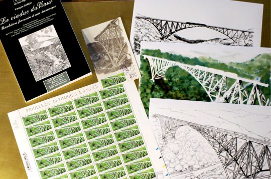 Le viaduc du Viaur, dessins préparatoires et planche de timbres