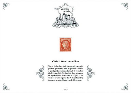 Réédition Cérès 1 franc vermillon, pochette Patrimoine de France 2019