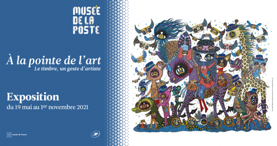 Affiche de l’exposition « A la pointe de l’art. Le timbre, un geste d’artiste », Musée de La Poste, 2021, oeuvre de Ciou, « This letter belongs to you », acrylique et encre sur bois, 2020. Coll. Musée de La Poste (© La Poste- Musée de La Poste/Ciou)